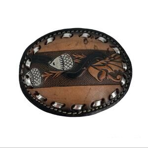 Handmade leather belt buckle acorn detail